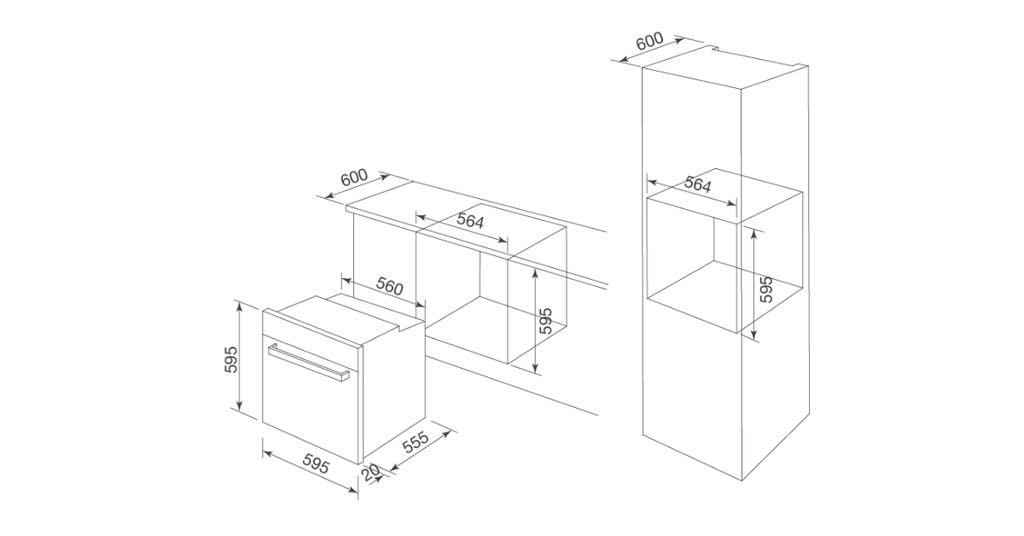 kích thước là rộng 595 mm, sâu 575 mm, cao 595 mm.