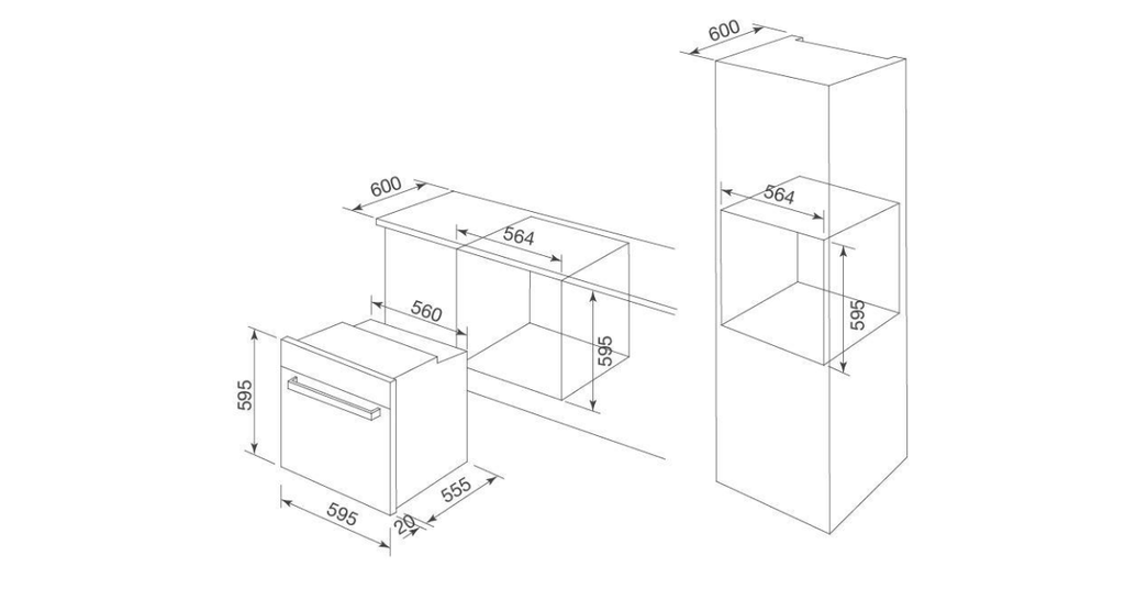 kích thước chuẩn: W595 x D575 x H595mm.