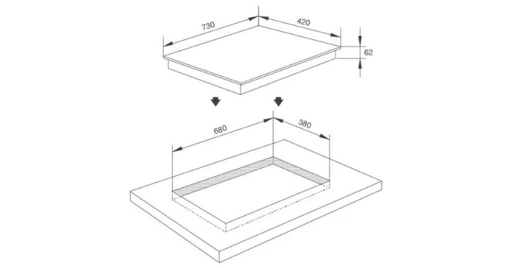 Kích thước khoét đá 680 x 380 mm