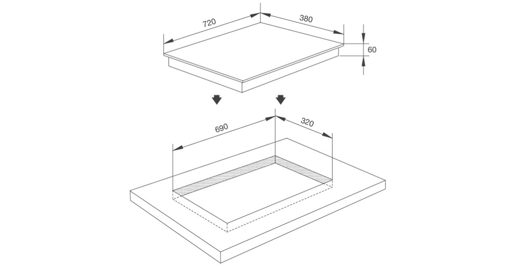 Kích thước khoét đá chuẩn là 690 x 320 mm