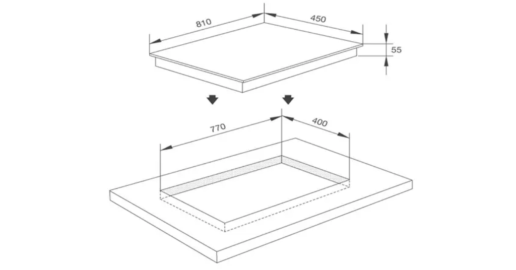 Kích thước khoét đá chuẩn là 770 x 400 mm