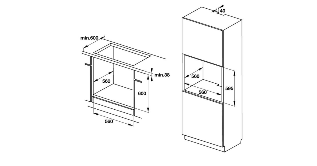 kích thước khoét tủ chuẩn: 560 x 600 x 560 mm