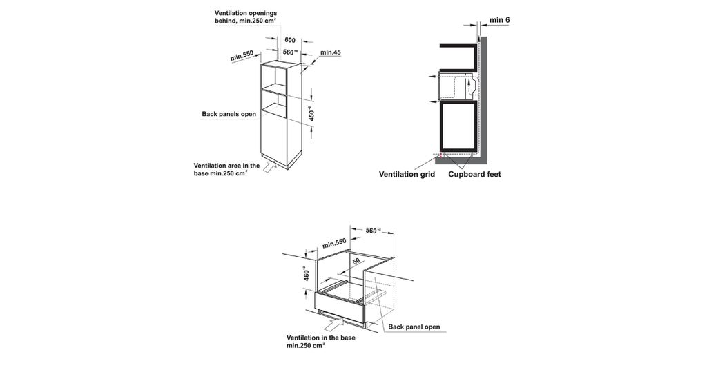 kích thước khoét tủ chuẩn: 560R x 450C x 550S mm
