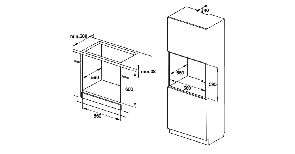 kích thước khoét tủ chuẩn: rộng 560 mm, cao 560 mm, sâu 600 mm.