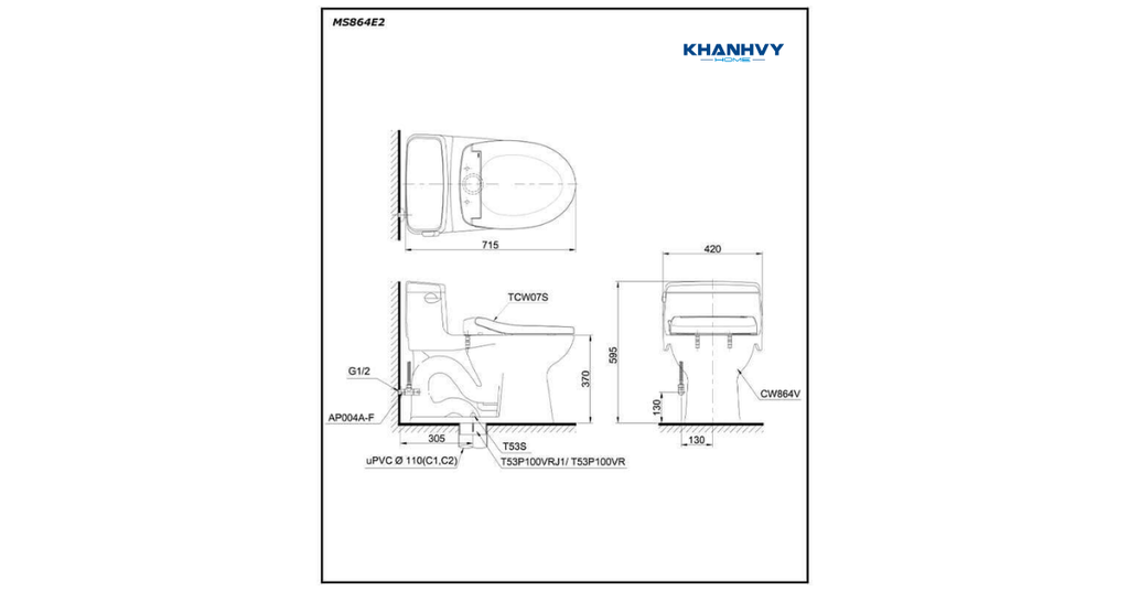 Bản vẽ kích thước bàn cầu một khối nắp cơ TOTO MS864E2