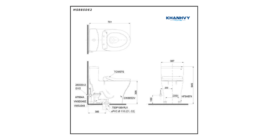 Bản vẽ kích thước của bồn cầu TOTO MS885DE2