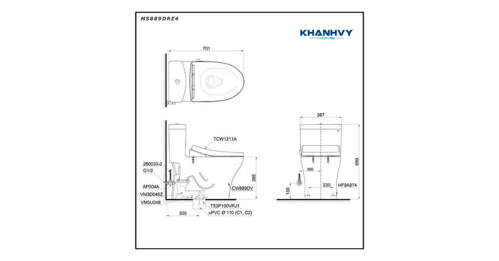 Bản vẽ kích thước của bàn cầu một khối TOTO MS889DRE4