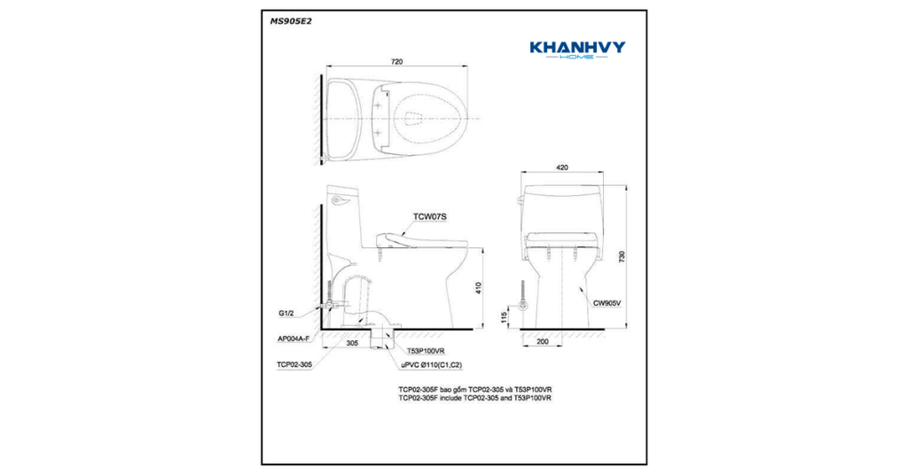 Bản vẽ kích thước của bàn cầu TOTO MS905E2#XW