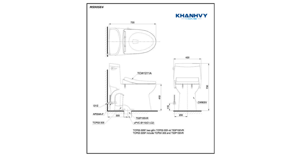 Bản vẽ kích thước của bàn cầu TOTO MS905E4#XW