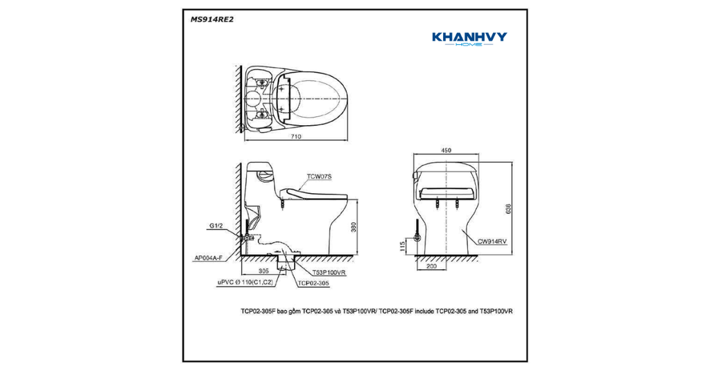 Bản vẽ kích thước của bàn cầu một khối TOTO MS914RE2/MS914E2