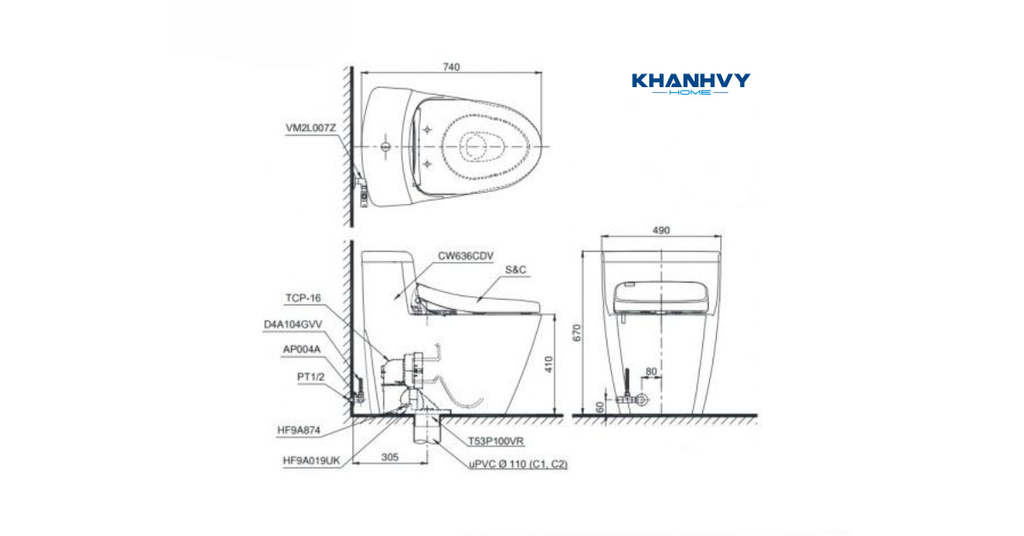 Bản vẽ kích thước của bàn cầu một khối TOTO MS636DT2#XW
