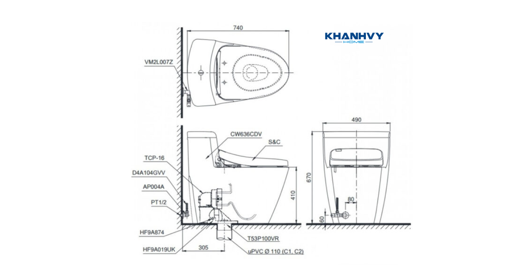 Bản vẽ kích thước của bồn cầu TOTO MS636DT8#XW