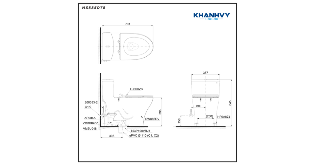 Bản vẽ kích thước của bồn cầu một khối TOTO MS885DT8