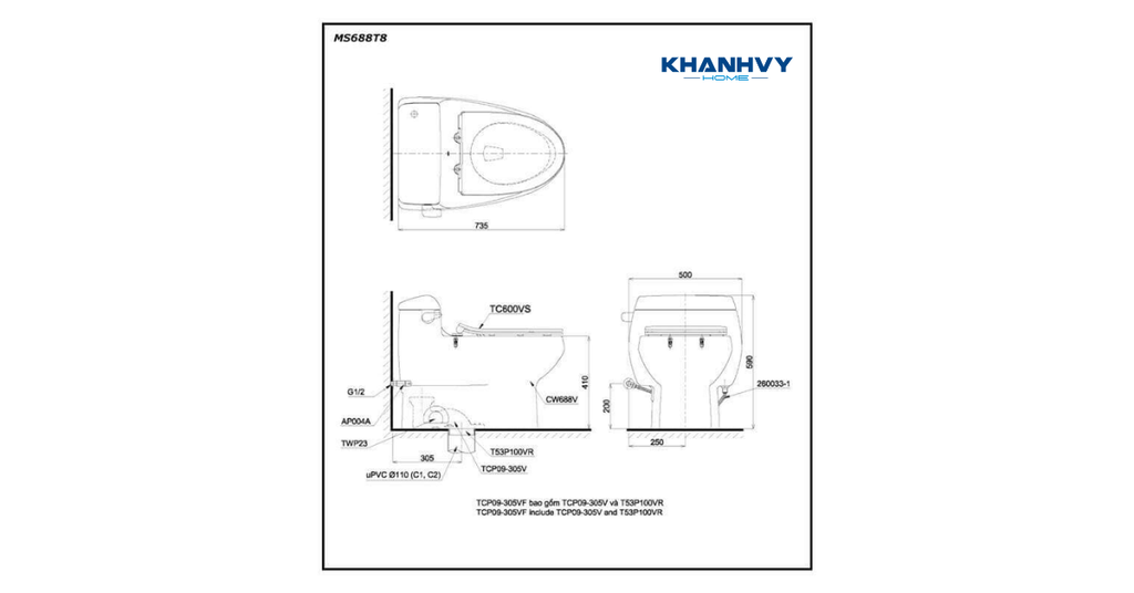 Bản vẽ kích thước của  bồn cầu TOTO MS688T8 một khối nắp đóng êm TC600VS