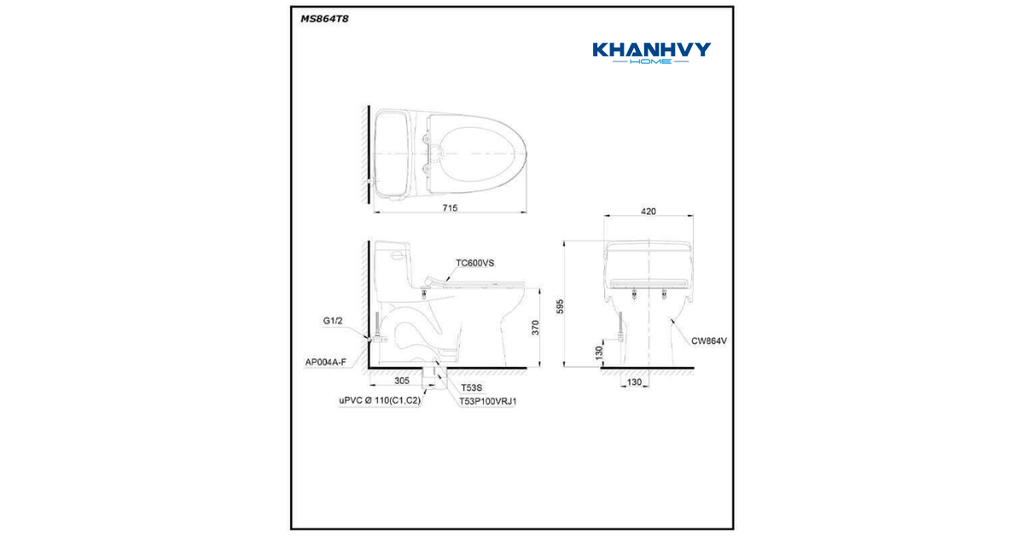 Bản vẽ kích thước của bồn cầu một khối TOTO MS864T8