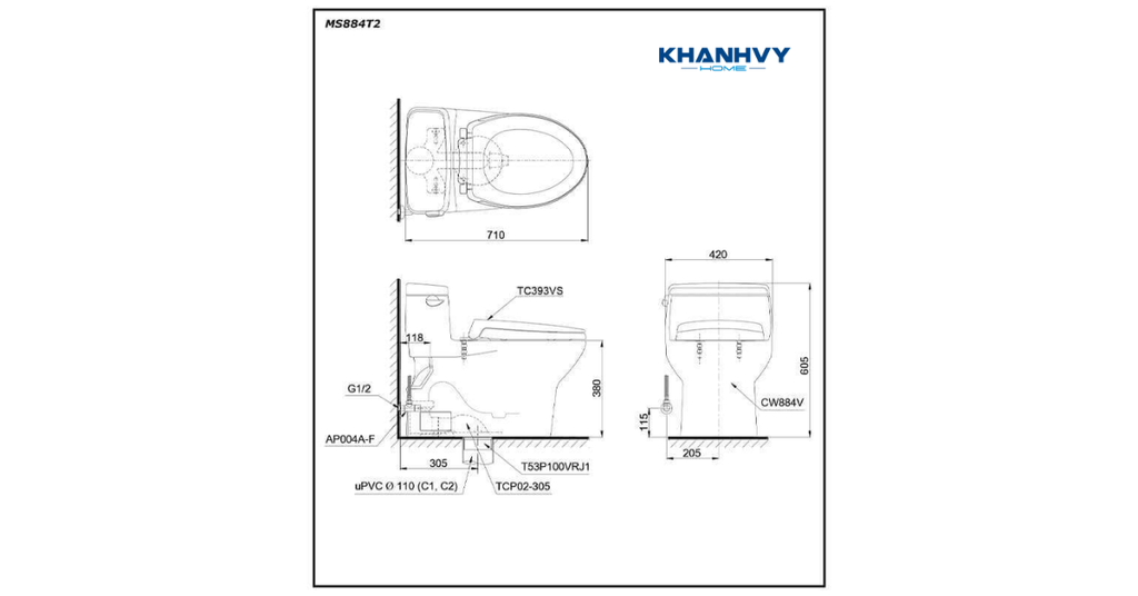 Bản vẽ kích thước của bàn cầu TOTO MS884T2 một khối nắp đóng êm TC393VS