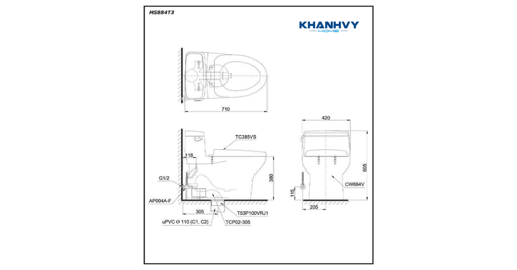 Bản vẽ kích thước của bàn cầu một khối TOTO MS884T3