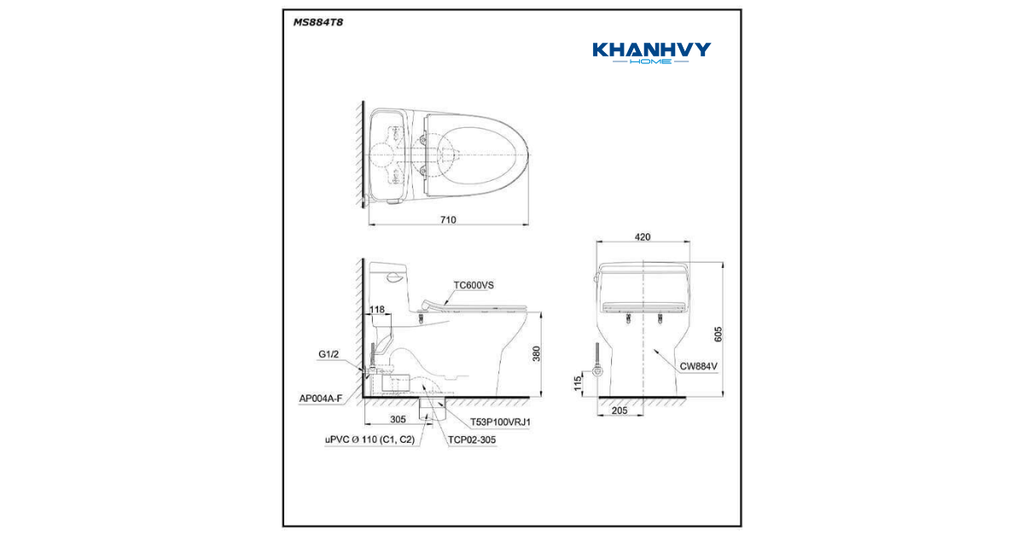 Bản vẽ kích thước của bàn cầu một khối TOTO MS884T8 với nắp đóng êm TC600VS