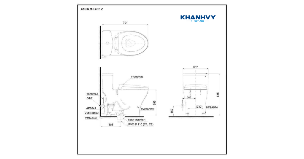 Bản vẽ kích thước của bàn cầu một khối TOTO MS885DT2#XW