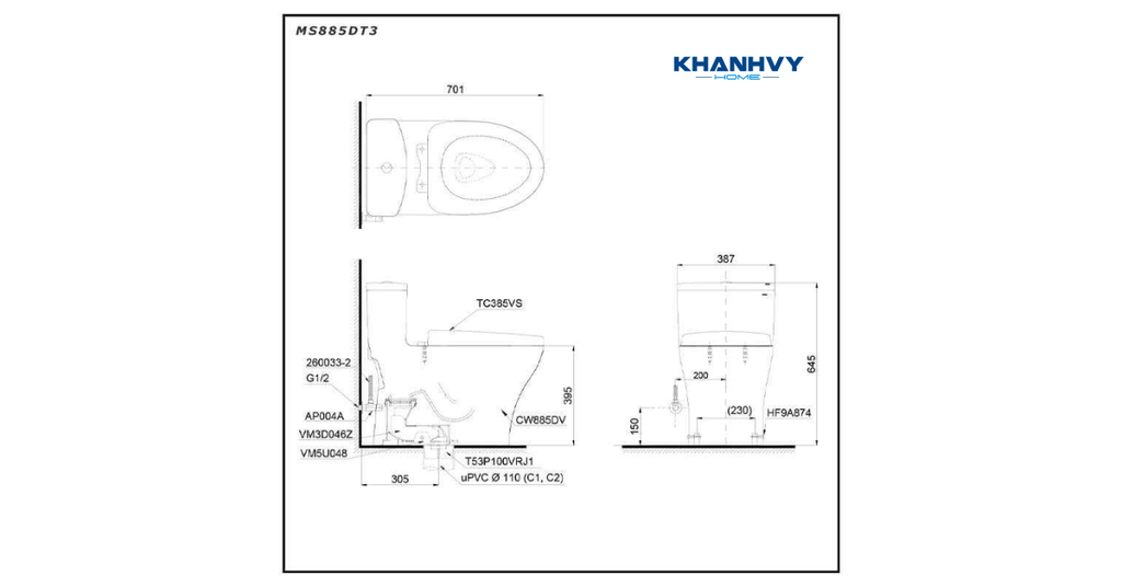 Bản vẽ kích thước bồn cầu 1 khối TOTO MS885DT3