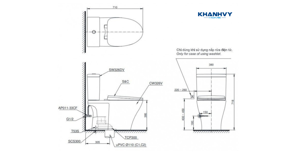 Bản vẽ kích thước của bàn cầu hai khối TOTO CS326DE4 kết hợp nắp rửa cơ ECOWASHER TCW1211A