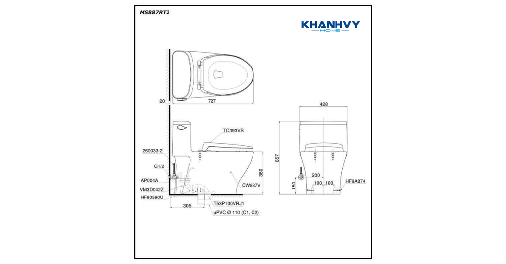 Bản vẽ kích thước của bàn cầu một khối TOTO MS887RT2