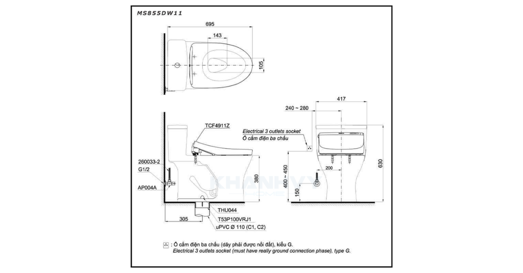 Bản vẽ kỹ thuật của bồn cầu điện tử TOTO MS855DW11