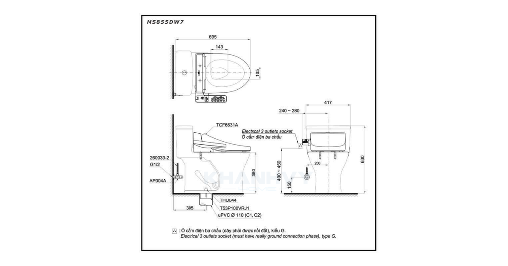 Bản vẽ kỹ thuật của bàn cầu một khối TOTO MS855DW7