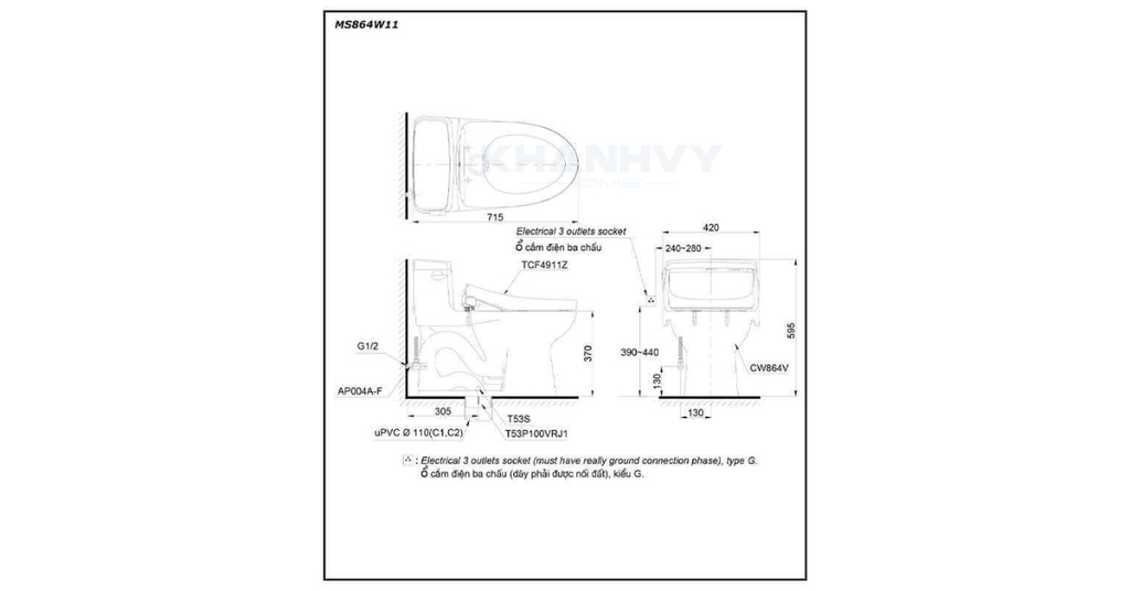 Bản vẽ kỹ thuật của bàn cầu TOTO MS864W11