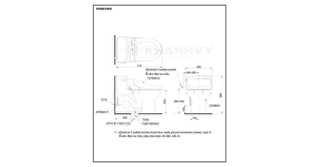 Bản vẽ kỹ thuật của bàn cầu một khối MS864W6