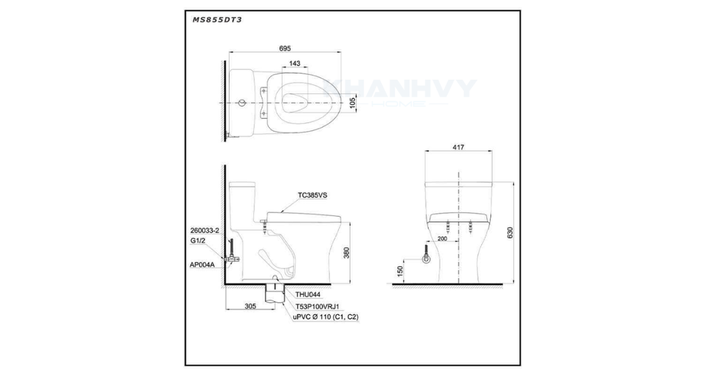 Bản vẽ kỹ thuật của bồn cầu một khối TOTO MS855DT3#XW