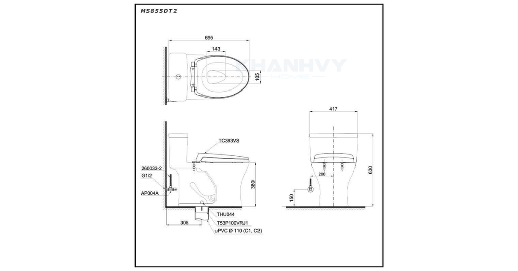 Bản vẽ kỹ thuật của bồn Cầu TOTO MS855DT2 một khối nắp TC393VS