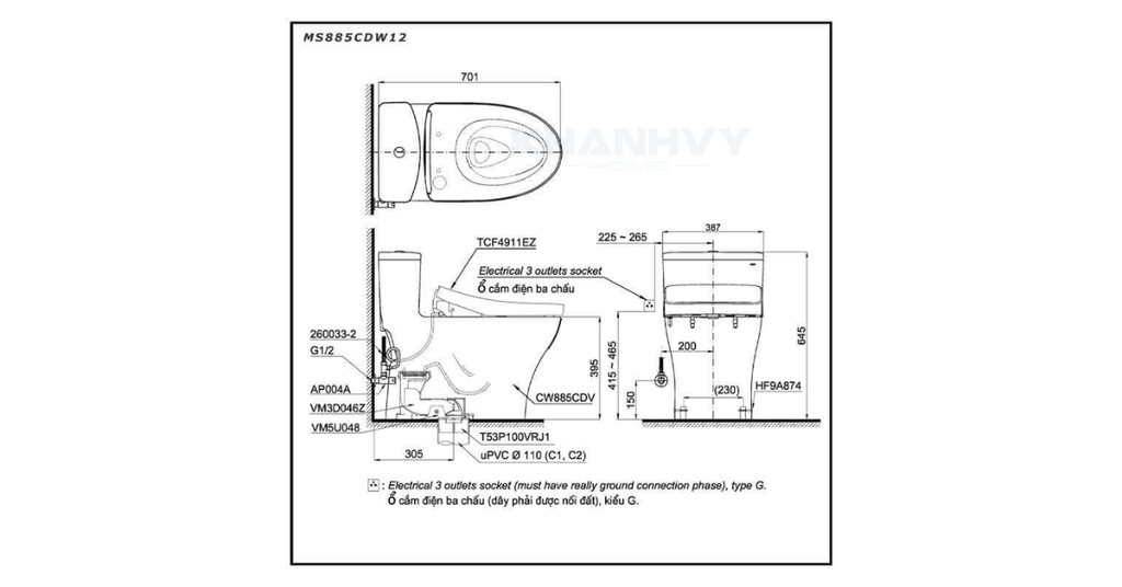 Bản vẽ kỹ thuật của bồn cầu điện tử TOTO MS885CDW12#XW