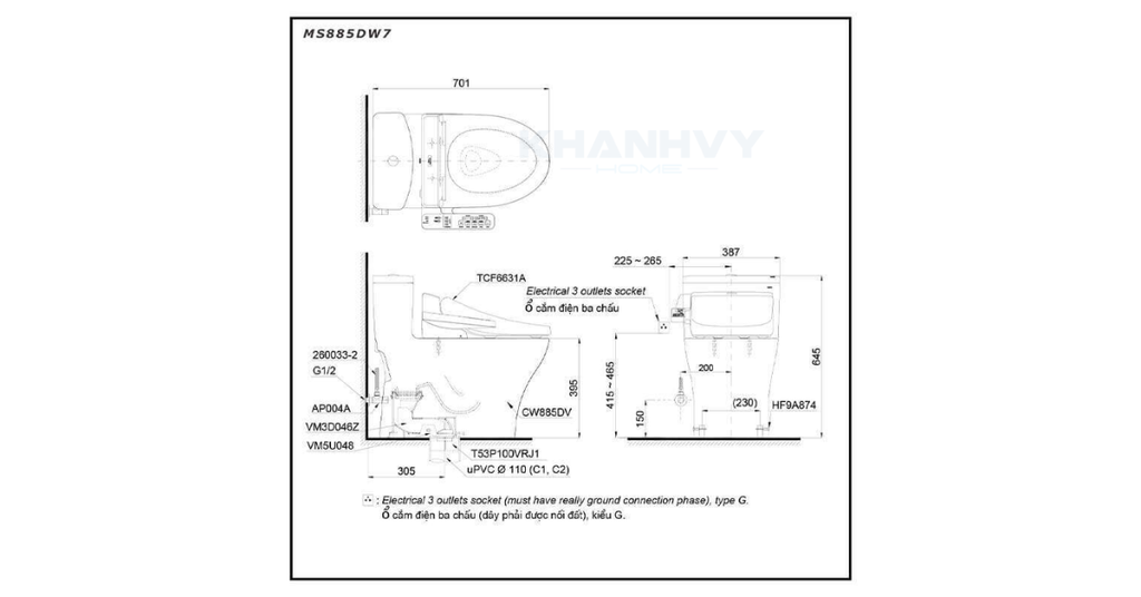 Bản vẽ kỹ thuật của bàn cầu một khối TOTO MS885DW7