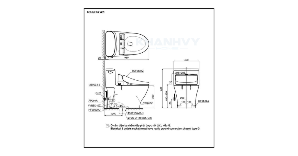 Bản vẽ kỹ thuật của bồn cầu TOTO MS887RW6 (MS887W6)