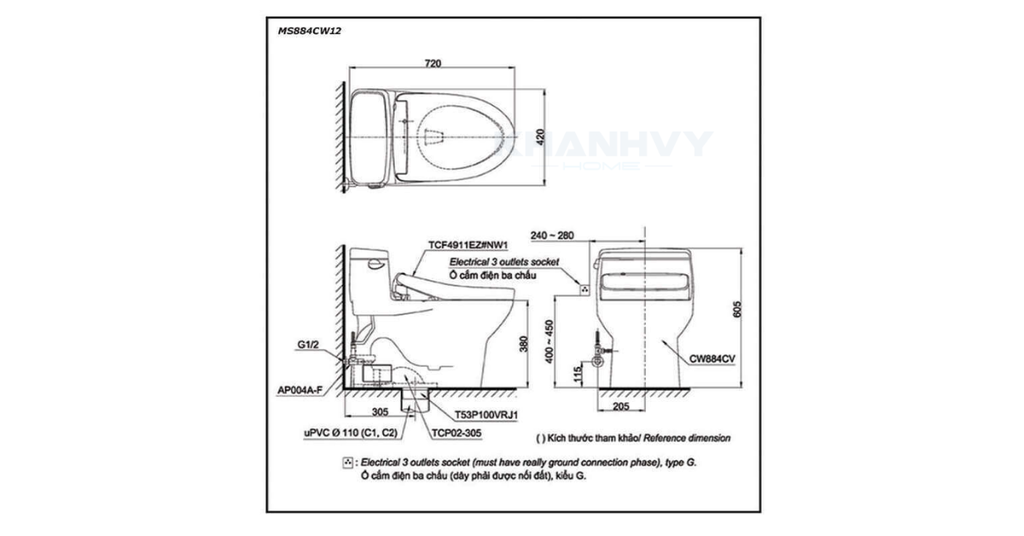 Bản vẽ kỹ thuật của bồn cầu TOTO MS884CW12#XW tích hợp Washlet