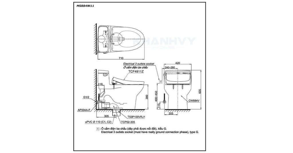 Bản vẽ kỹ thuật của bàn cầu một khối TOTO MS884W11