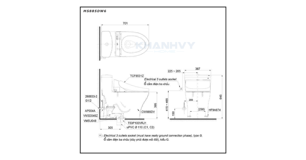 Bản vẽ kỹ thuật của bồn cầu một khối TOTO MS885DW11#XW