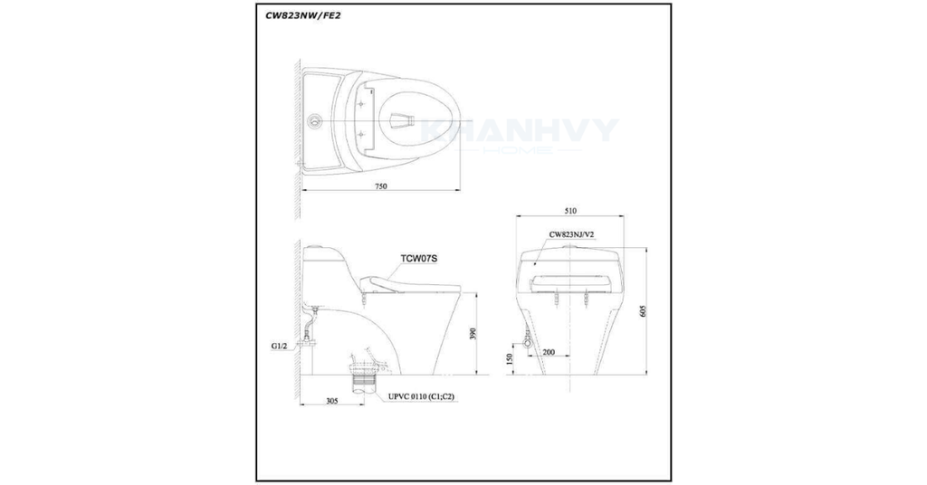 Bản vẽ kỹ thuật của bàn cầu một khối TOTO CW823NW/FE2