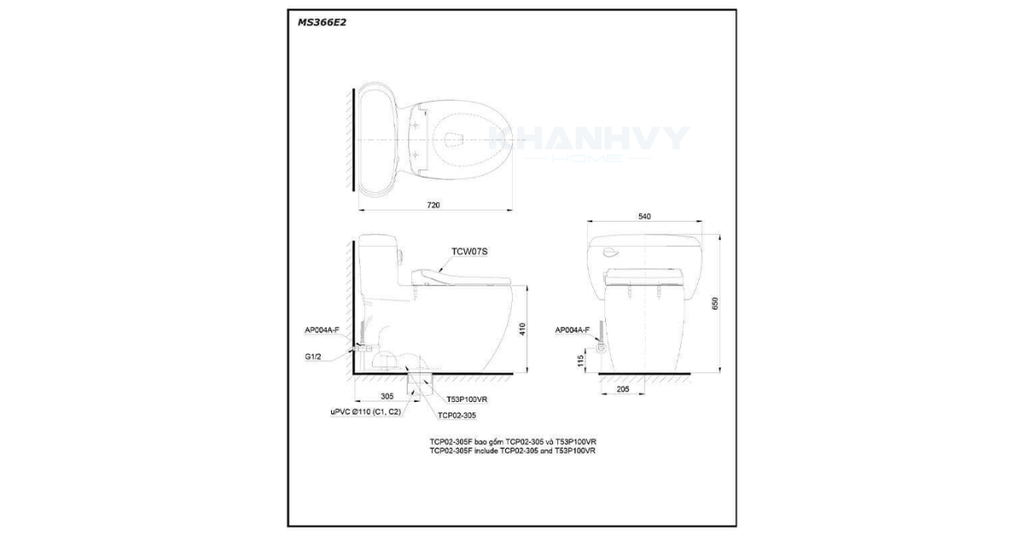 Bản vẽ kỹ thuật của bàn cầu TOTO một khối MS366E4
