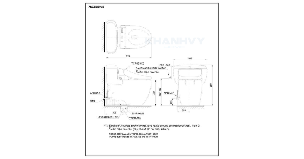 Bản vẽ kỹ thuật của bàn cầu một khối TOTO MS366W6