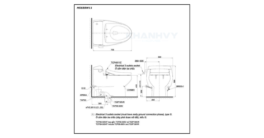 Bản vẽ kỹ thuật của bàn cầu một khối TOTO MS688W11