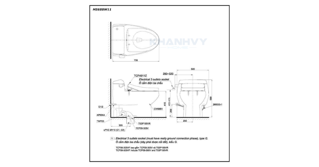 Bản vẽ kỹ thuật của bàn cầu một khối TOTO MS688W7