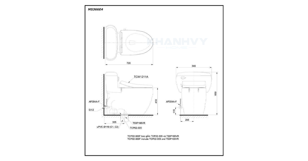 Bản vẽ kỹ thuật của bàn cầu TOTO một khối MS366E4