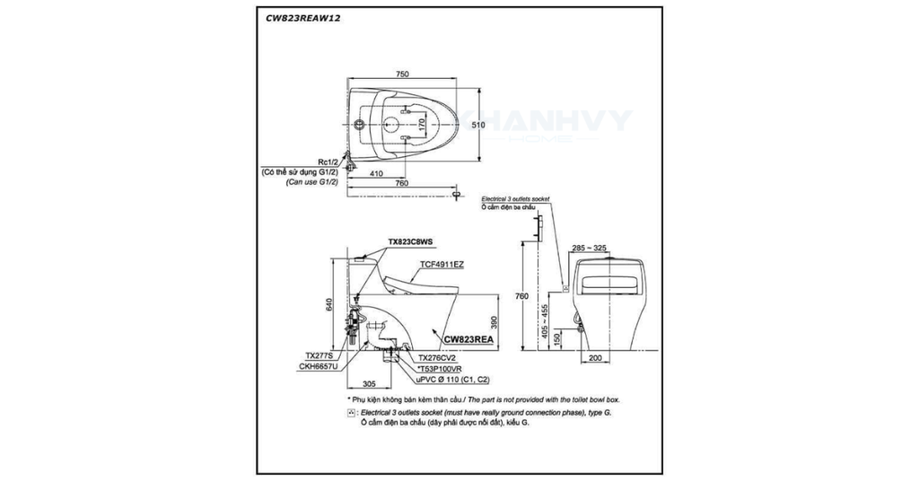 Bản vẽ kỹ thuật của bồn cầu một khối TOTO CW823REAW12