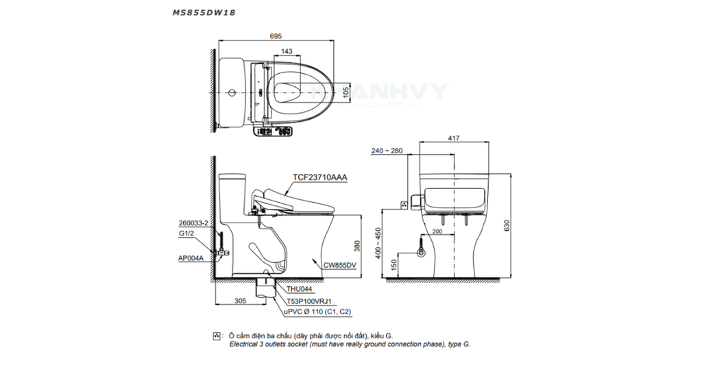 Bản vẽ kỹ thuật bàn cầu một khối TOTO MS855DW18#XW