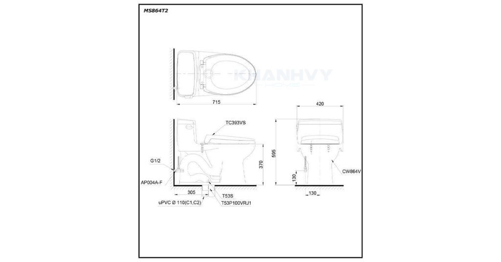 Bản vẽ kỹ thuật của bàn cầu một khối TOTO MS864T2
