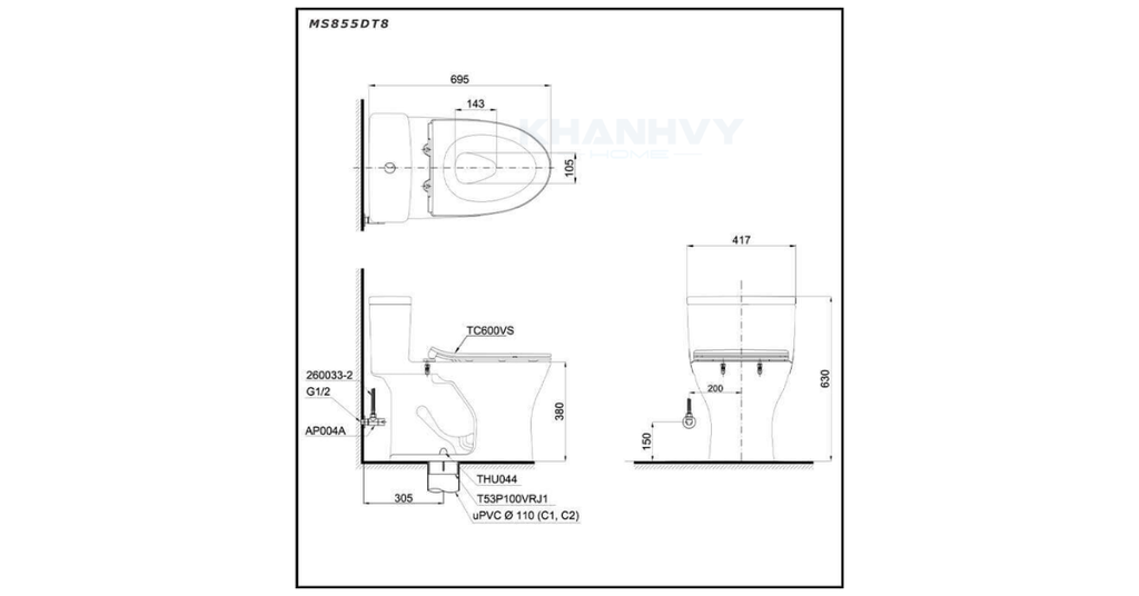 Bản vẽ kỹ thuật của bàn cầu một khối TOTO MS855DT8