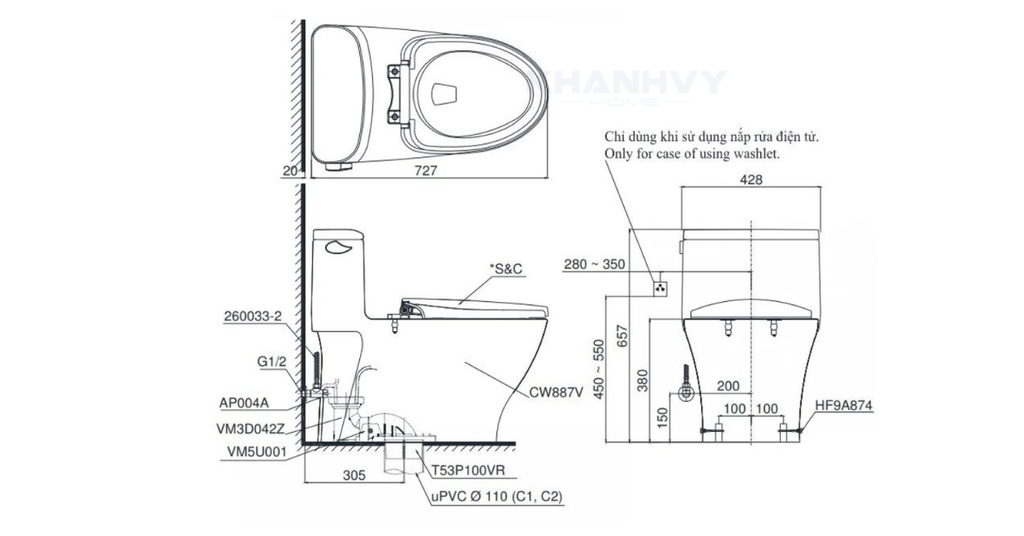 Bản vẽ kỹ thuật của bàn cầu một khối TOTO MS887CRW23XW