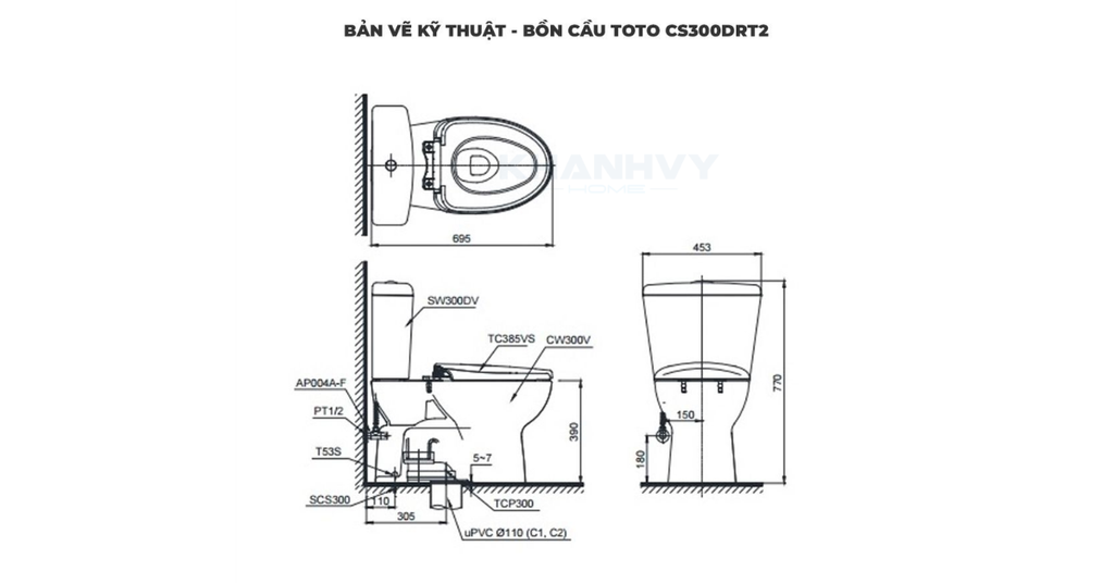 Bản vẽ kỹ thuật của bàn cầu hai khối TOTO CS300DRT2